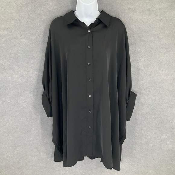 Entro Top Womens Sz 1X/2X Black Button Up Batwing Sleeve Oversized Blouse - Picture 1 of 9